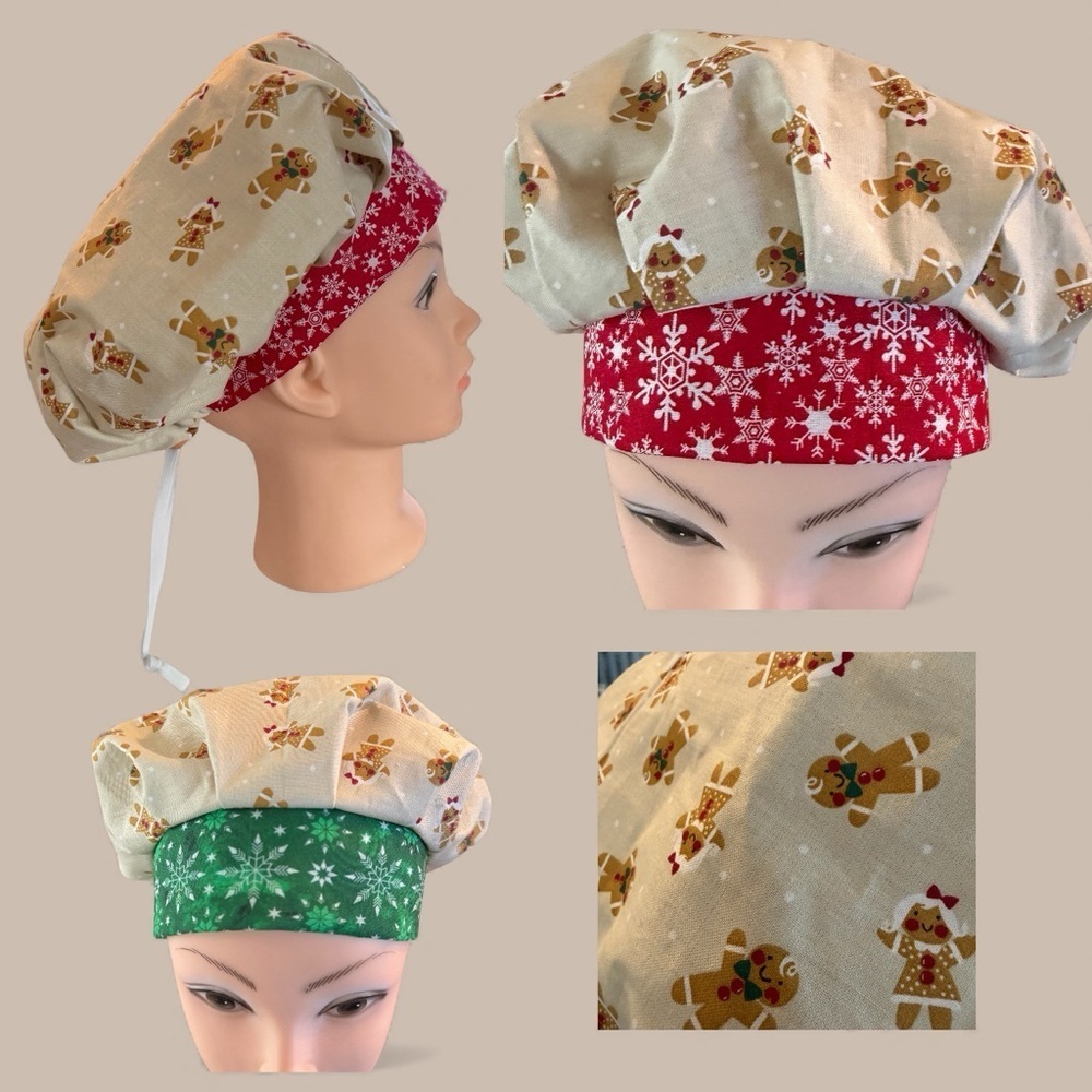 Scrub Cap with Holiday Gingerbread Print with Green or Red band.